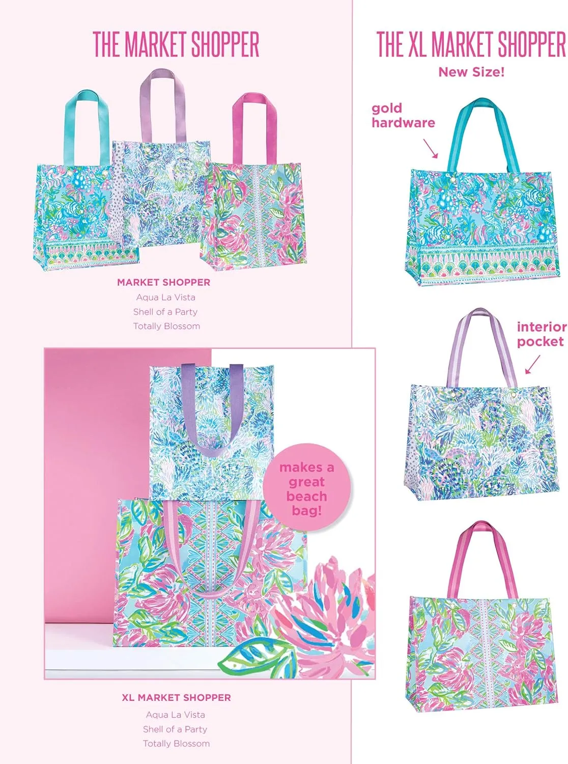Lilly Pulitzer Pink/Green Market Shopper Bag, Reusable Grocery Tote with Comfortable Shoulder Straps, Totally Blossom