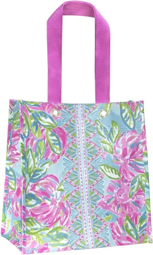 Lilly Pulitzer Pink/Green Market Shopper Bag, Reusable Grocery Tote with Comfortable Shoulder Straps, Totally Blossom