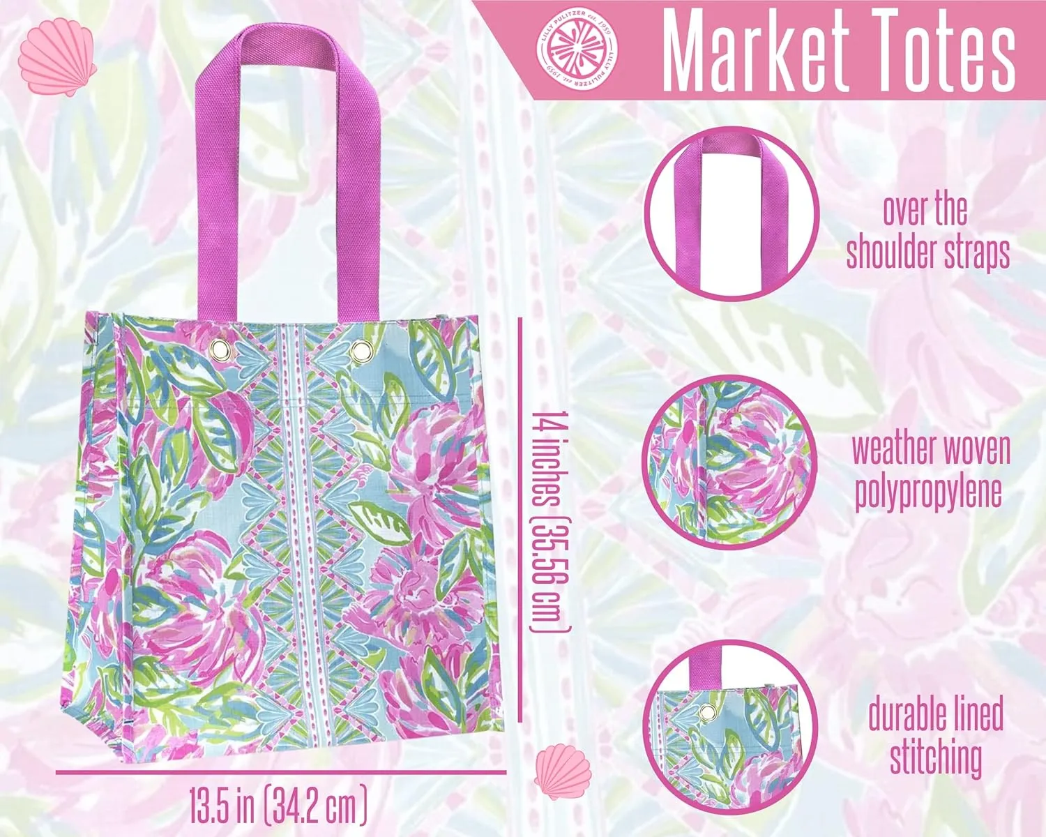 Lilly Pulitzer Pink/Green Market Shopper Bag, Reusable Grocery Tote with Comfortable Shoulder Straps, Totally Blossom