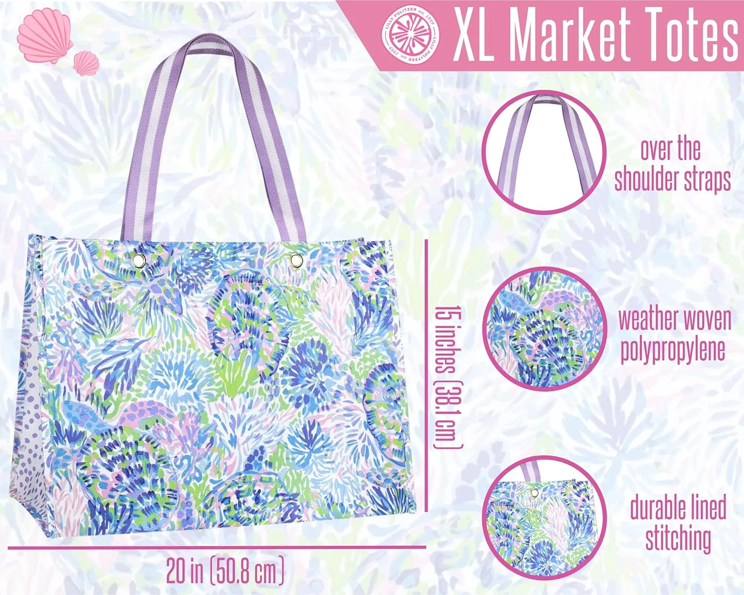 Lilly Pulitzer Purple/Blue XL Market Shopper Bag, Oversize Reusable Grocery Tote with Comfortable Shoulder Straps, Shell of a Party