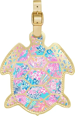 Lilly Pulitzer Turtle Shaped Luggage Tag with Secure Strap, Durable Vegan Leather, Colorful Suitcase Identifier for Travel, Splendor in The Sand