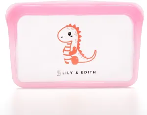 LILY & EDITH Dinosaur Silicone Reusable Snack Bags Dishwasher Microwave Freezer Safe, BPA Free, Leakproof Reusable Food Storage Bags, Plastic Free Snack Pouch, Accessory bag, Portable 400ml (Pink)