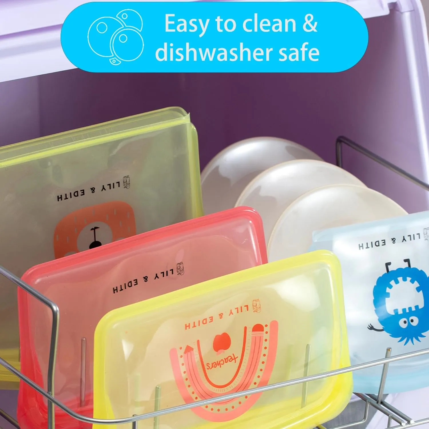 LILY & EDITH Dinosaur Silicone Reusable Snack Bags Dishwasher Microwave Freezer Safe, BPA Free, Leakproof Reusable Food Storage Bags, Plastic Free Snack Pouch, Accessory bag, Portable 400ml (Pink)
