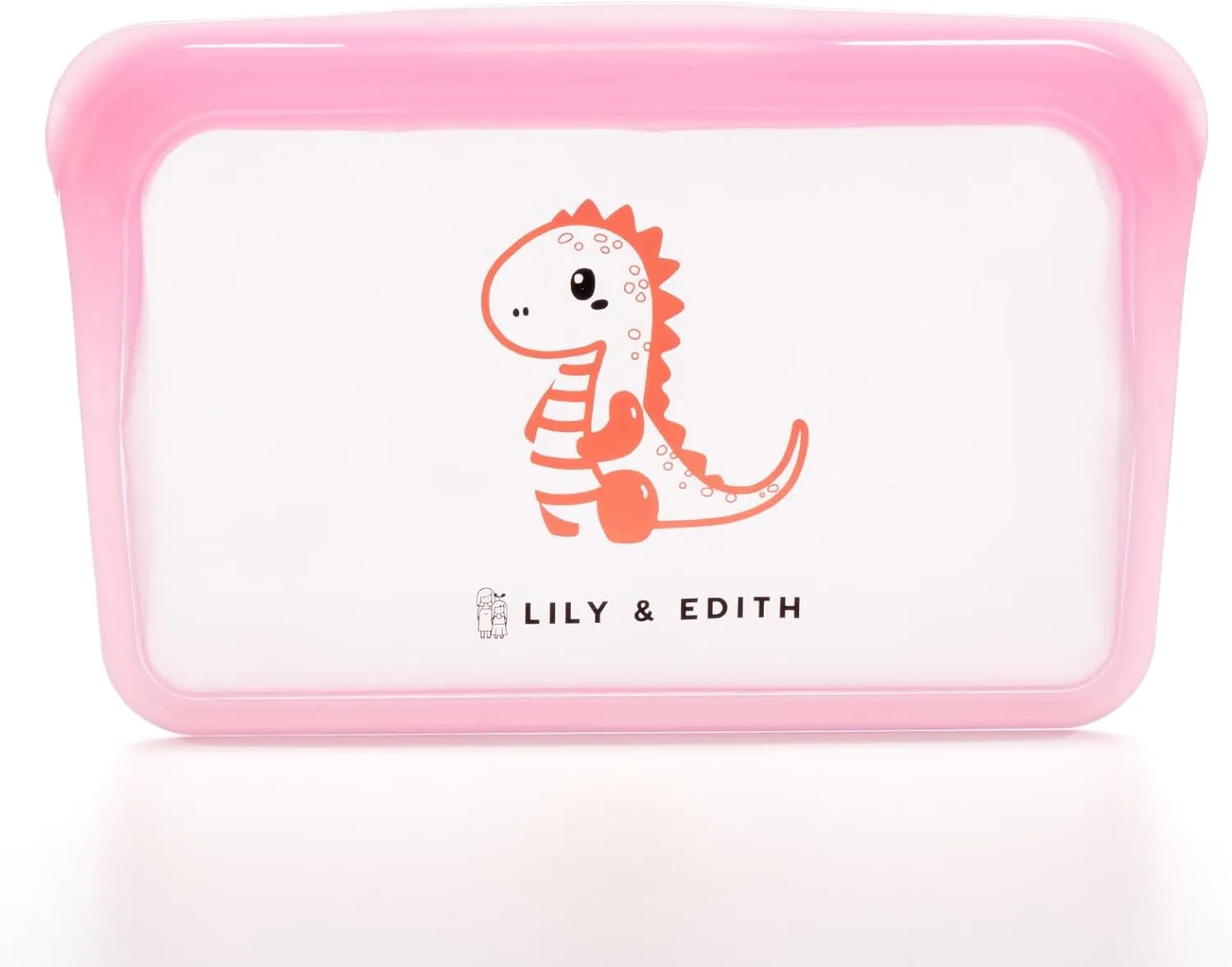 LILY & EDITH Dinosaur Silicone Reusable Snack Bags Dishwasher Microwave Freezer Safe, BPA Free, Leakproof Reusable Food Storage Bags, Plastic Free Snack Pouch, Accessory bag, Portable 400ml (Pink)