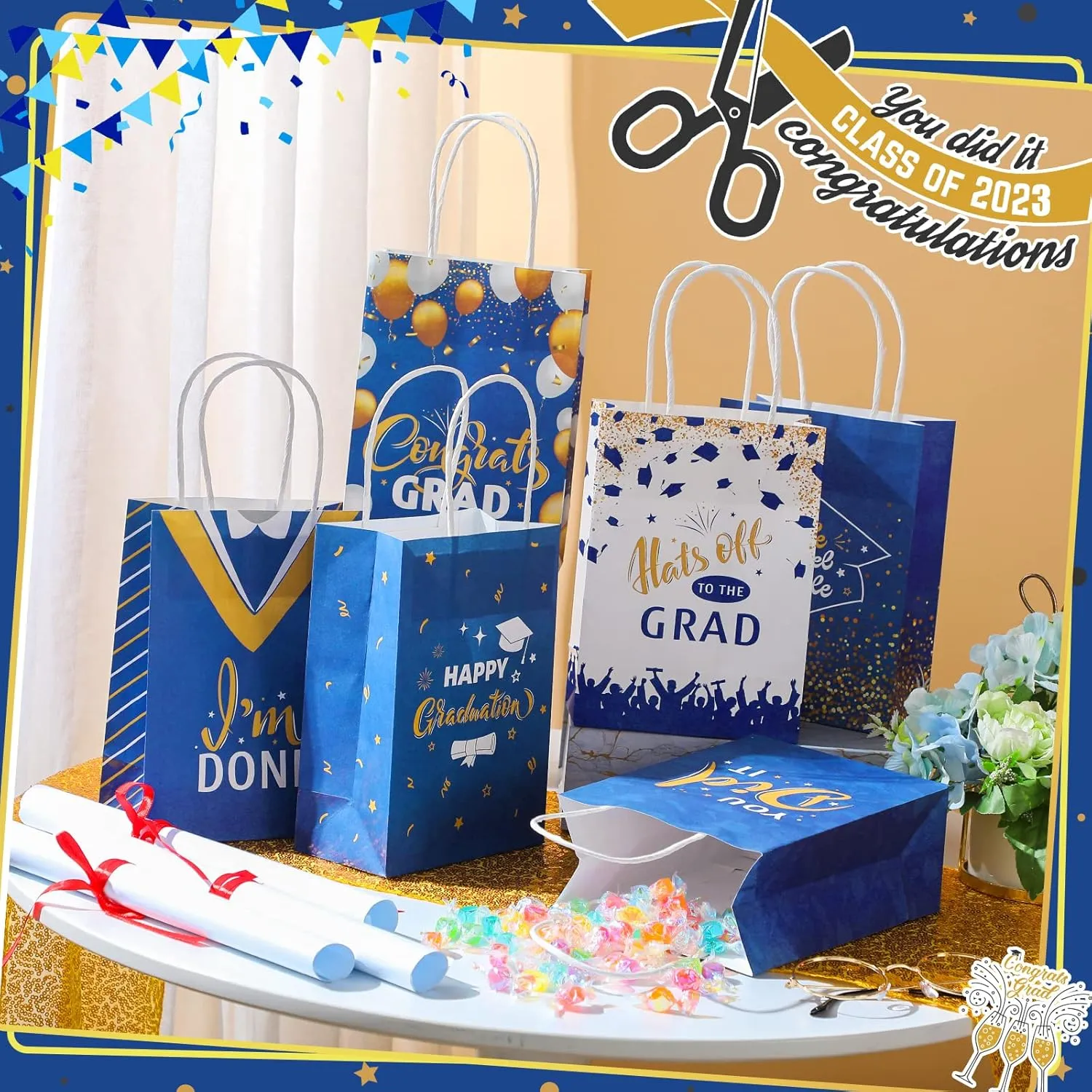 Lincia 24 Pieces 2025 Graduation Gift Bags Graduation Party Gift Bags with Handles 6 Kind of Style for High School, College, Kindergarten, 8th Grade and More(Navy Blue and Gold)