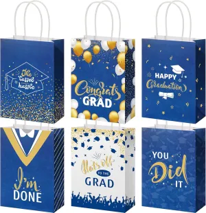 Lincia 24 Pieces 2025 Graduation Gift Bags Graduation Party Gift Bags with Handles 6 Kind of Style for High School, College, Kindergarten, 8th Grade and More(Navy Blue and Gold)