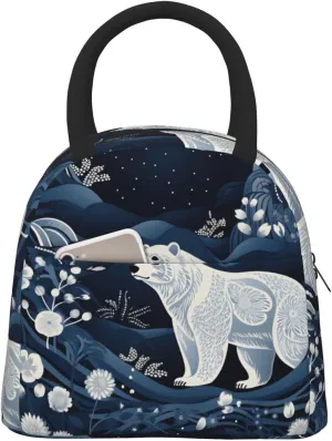 Line Polar Bear Lunch Bag with Front Pocket Work Lunch Box Cooler Bag Insulated Lunch Bag for Women Men Food Handbags