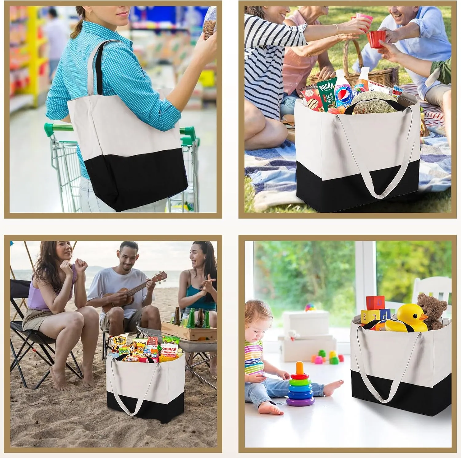 LINICE Reusable Grocery Bags Shopping Bags for Groceries Foldable Heavy Duty Canvas Tote Bag Washable Canvas Bag with Handles (Black-6pack)