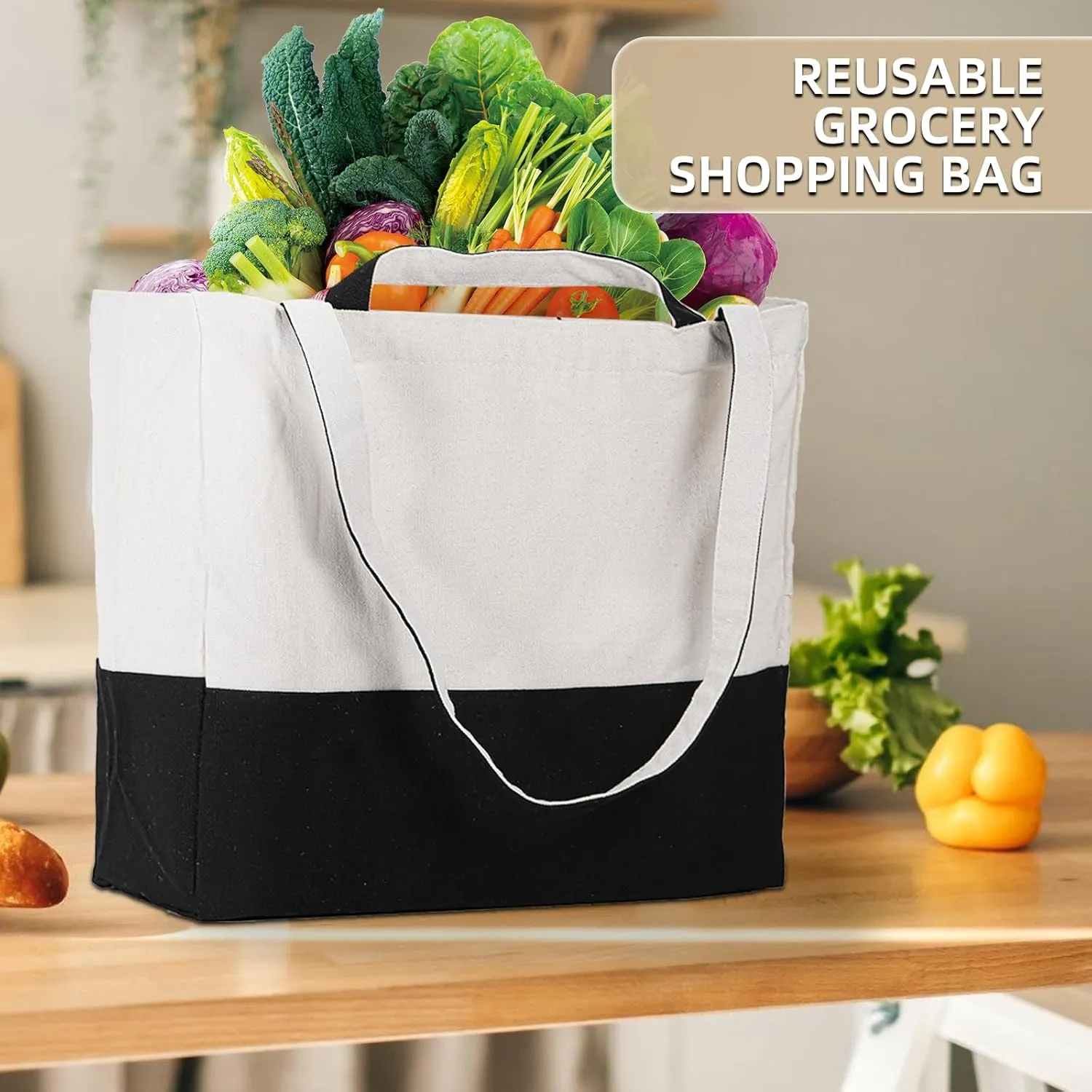 LINICE Reusable Grocery Bags Shopping Bags for Groceries Foldable Heavy Duty Canvas Tote Bag Washable Canvas Bag with Handles (Black-6pack)