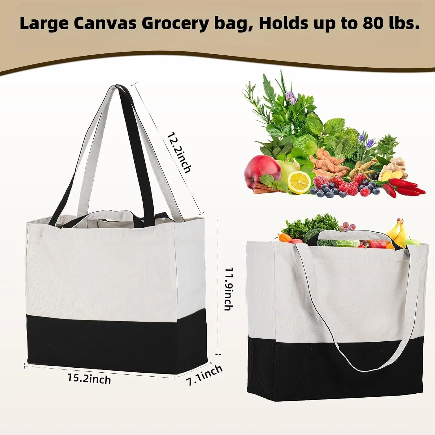LINICE Reusable Grocery Bags Shopping Bags for Groceries Foldable Heavy Duty Canvas Tote Bag Washable Canvas Bag with Handles (Black-6pack)