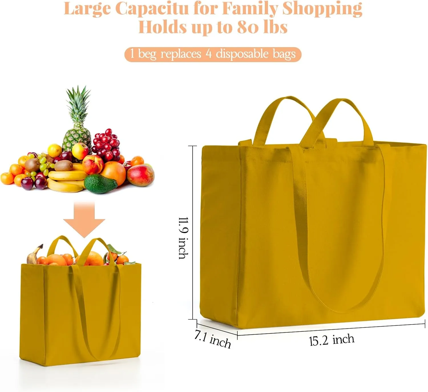 LINICE Reusable Grocery Bags Shopping Bags for Groceries Foldable Heavy Duty Canvas Tote Bag Washable Canvas Bag with Handles (Yellow-6pack)