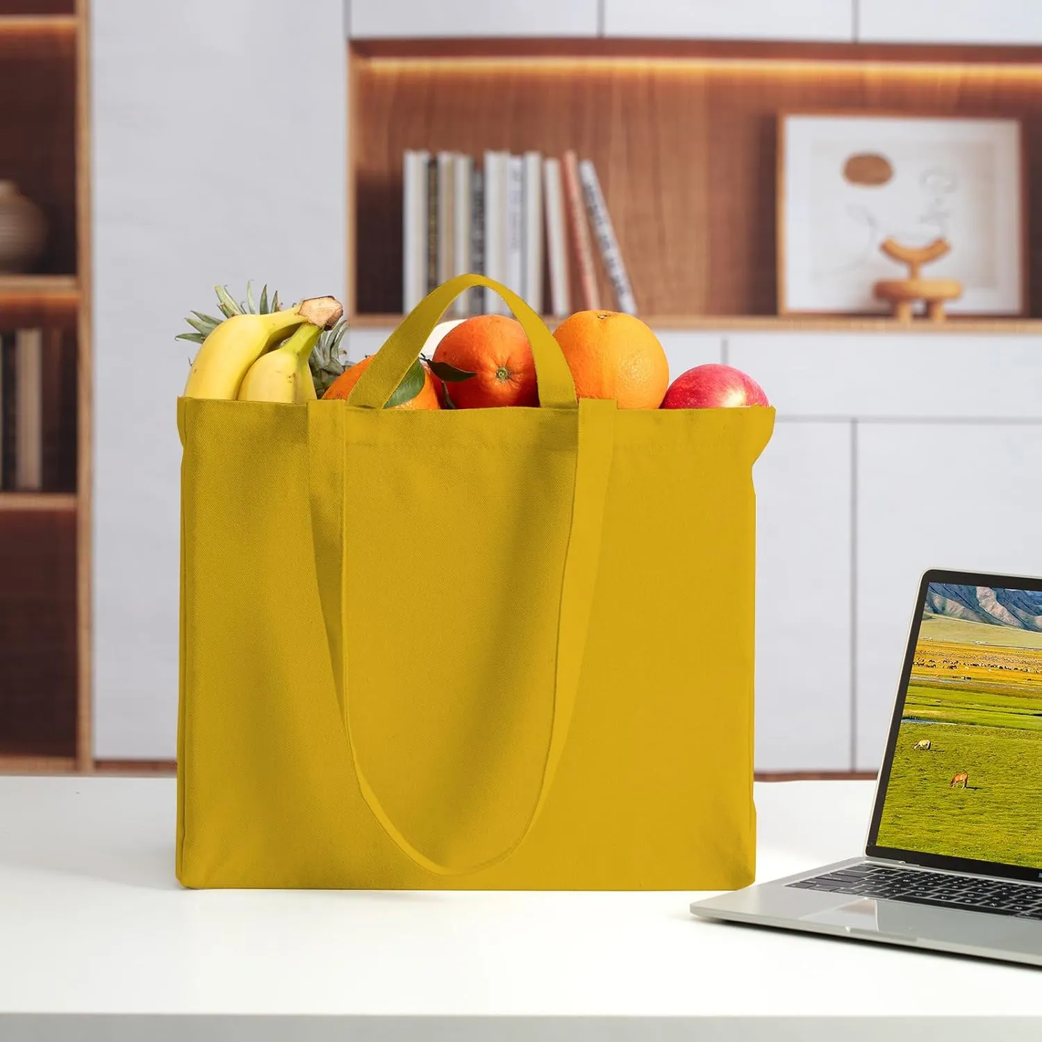 LINICE Reusable Grocery Bags Shopping Bags for Groceries Foldable Heavy Duty Canvas Tote Bag Washable Canvas Bag with Handles (Yellow-6pack)