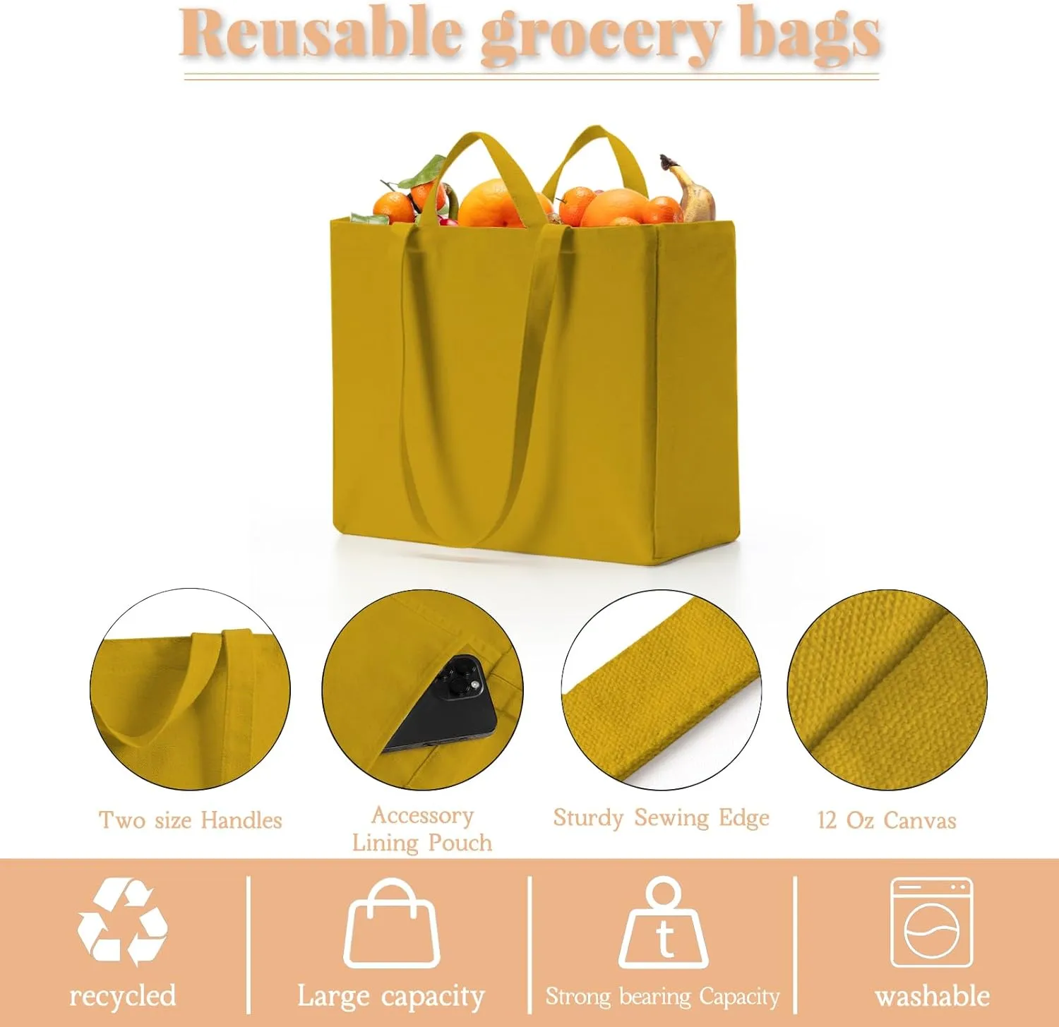 LINICE Reusable Grocery Bags Shopping Bags for Groceries Foldable Heavy Duty Canvas Tote Bag Washable Canvas Bag with Handles (Yellow-6pack)