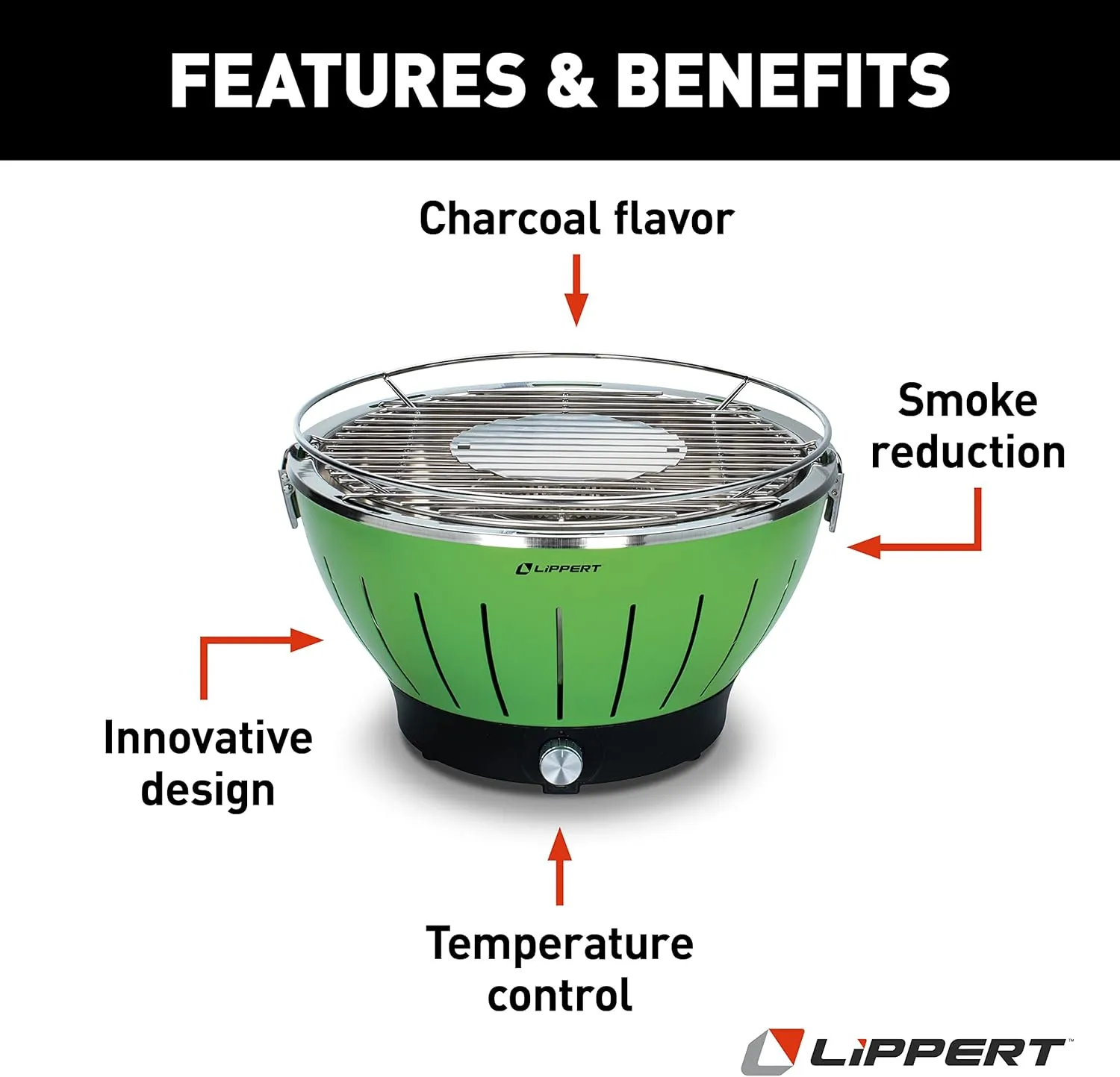 Lippert Odyssey Portable Grill - Compact and Versatile Charcoal Grill for Camping, Tailgating, and Outdoor Cooking - Lightweight and Durable Design with Large Cooking Surface - Green