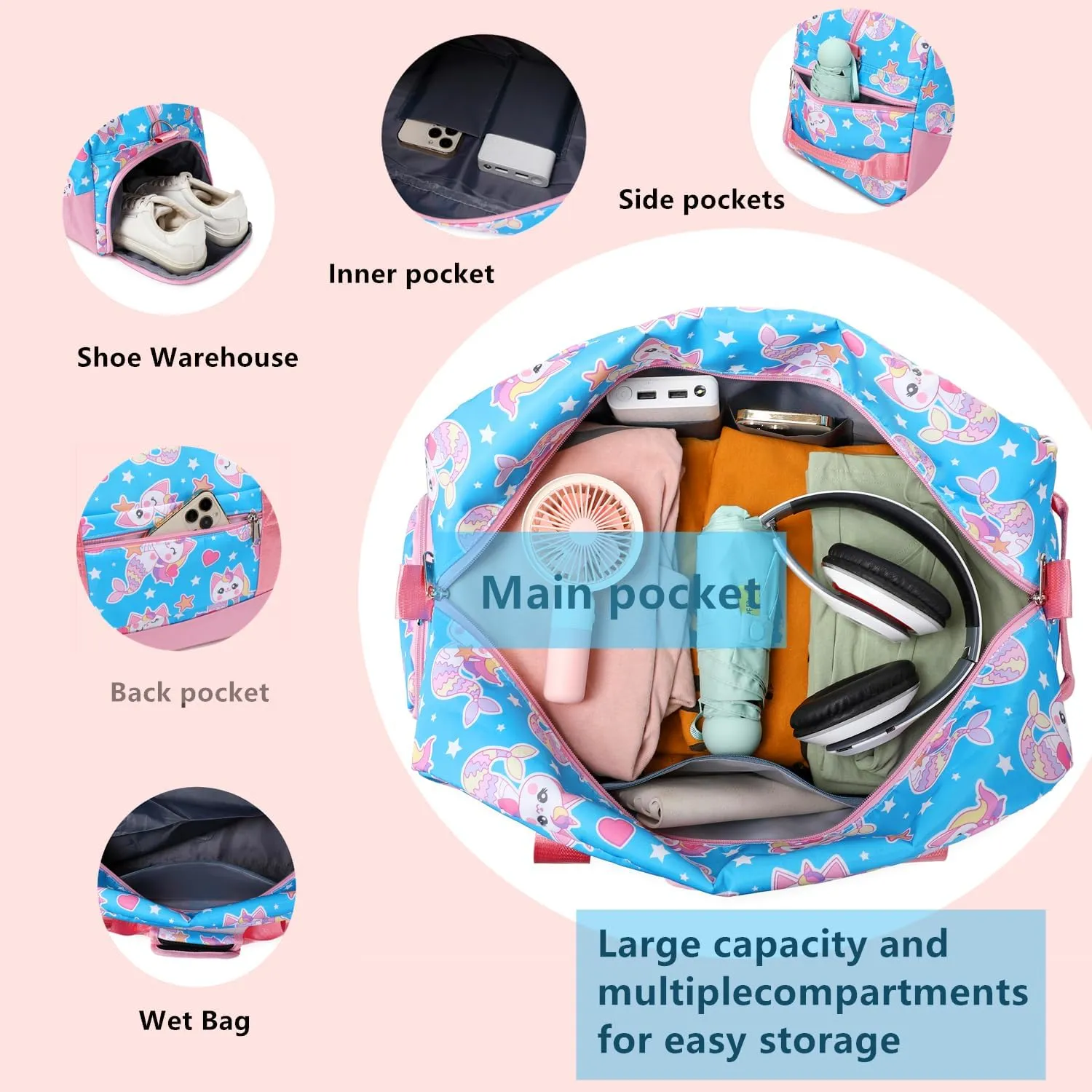 Lmwzh Kids Duffle Bag For Girls Perfect For Early Elementary Overnight Travel Bag With Shoes Compartment Dry And Wet Pocket Carry On Weekender Bag (Mermaid)