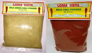 Loma Vista New Mexico "Christmas Style" Bundle - 1 Each of Mild Hatch Green Chili Powder 5 Ounce and Mild Red Chili Powder 8 Ounce Bags