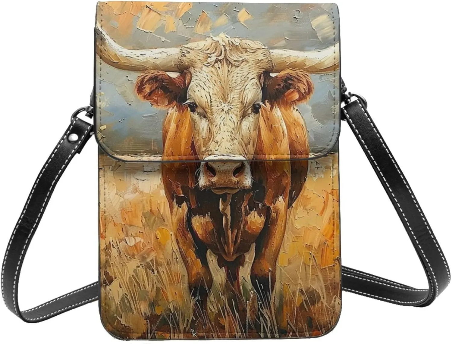 Longhorn Cow Rural Pasture Texas Western Rustic Crossbody Cell Phone Purse For Women Teen Girls Leather Small Crossbody Bag Mini Phone Pouch Purse, 7.5x5.3 Inches