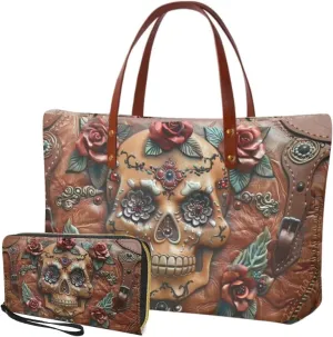 Lotusorchid 2 Pcs Hand bags Purses, Women Top Handle Bag Satchel Shoulder Bag, Large Tote Handbag with PU Wallet