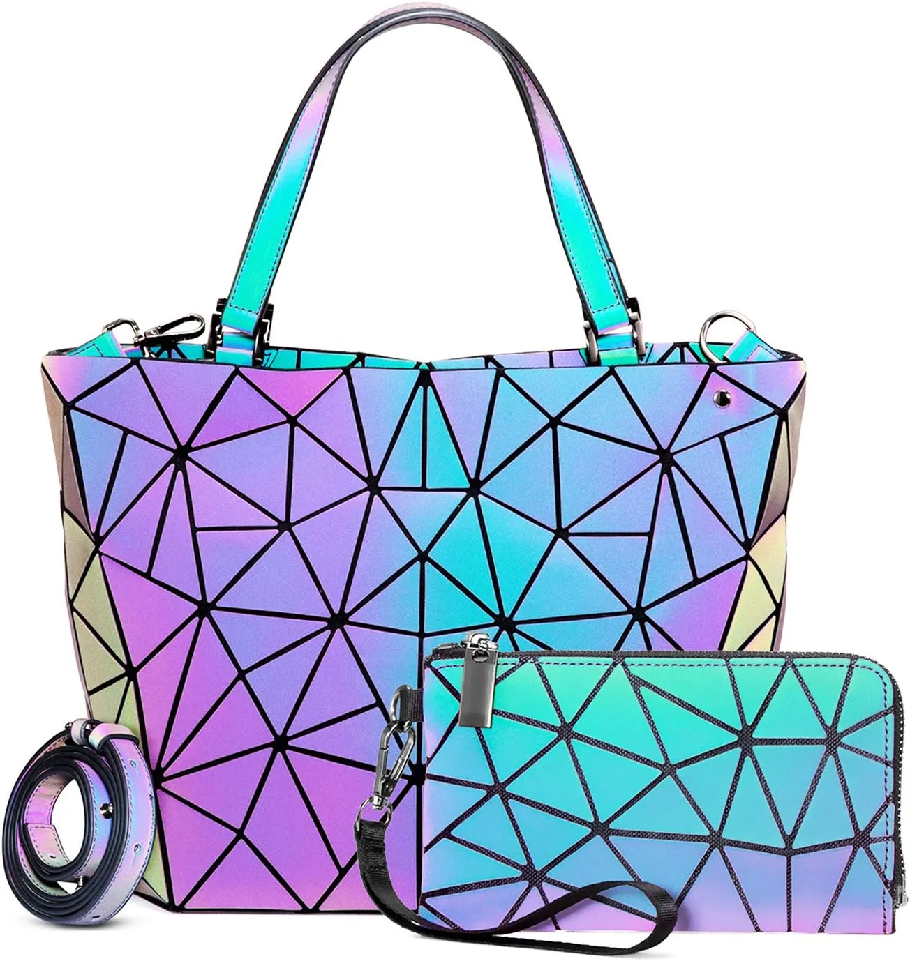 LOVEVOOK Geometric Luminous Purses and Handbags for Women Holographic Reflective Crossbody Bag Wallet