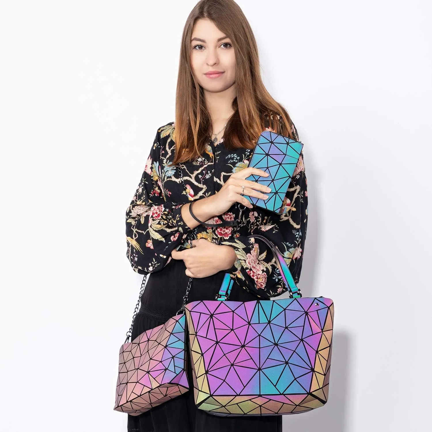 LOVEVOOK Geometric Luminous Purses and Handbags for Women Holographic Reflective Crossbody Bag Wallet