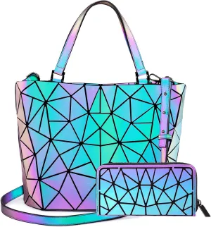LOVEVOOK Geometric Luminous Purses and Handbags for Women Holographic Reflective Crossbody Bag Wallet