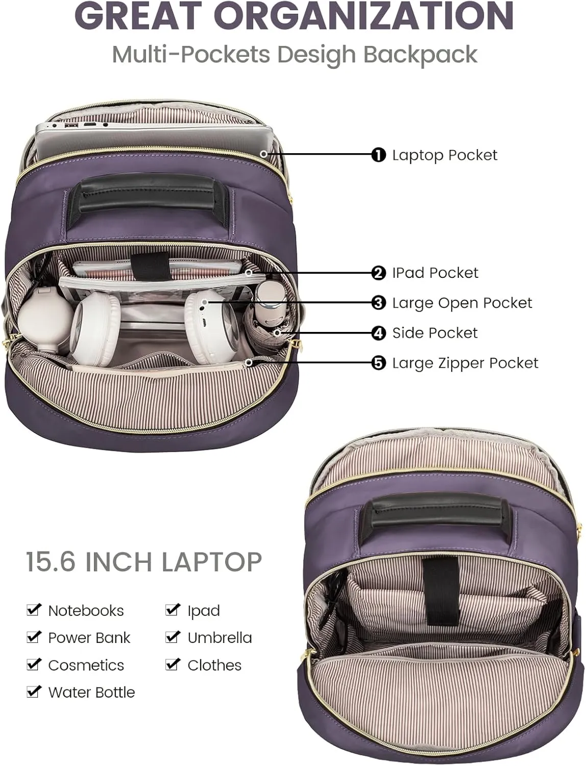 LOVEVOOK Laptop Backpack Purse for Women, Large Capacity Travel Business Computer Work Bag, Quilted Casual Nurse Backpack for Womens, Fit 15.6 Inch Laptop with USB Port, Purple Grey