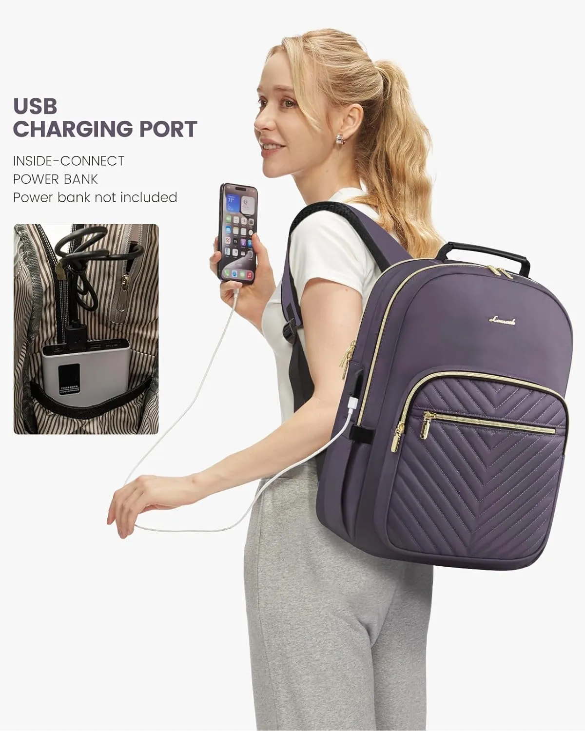 LOVEVOOK Laptop Backpack Purse for Women, Large Capacity Travel Business Computer Work Bag, Quilted Casual Nurse Backpack for Womens, Fit 15.6 Inch Laptop with USB Port, Purple Grey