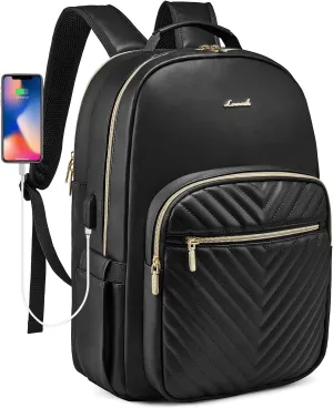 LOVEVOOK Laptop Backpack Purse for Women, Large Capacity Travel Computer Work Bag, Faux PU Leather Quilted Casual Nurse Backpack for Womens, Fit 15.6 Inch Laptop with USB Port, Black