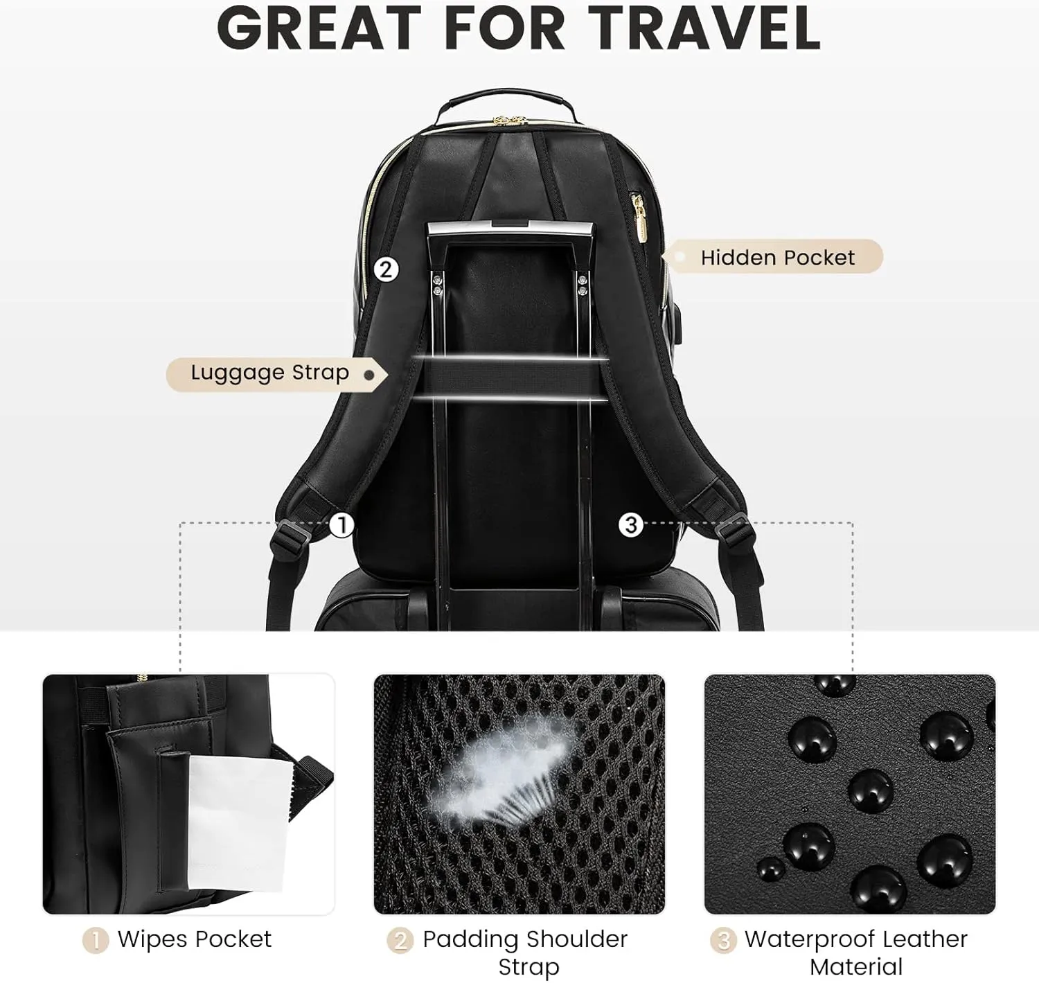 LOVEVOOK Laptop Backpack Purse for Women, Large Capacity Travel Computer Work Bag, Faux PU Leather Quilted Casual Nurse Backpack for Womens, Fit 15.6 Inch Laptop with USB Port, Black