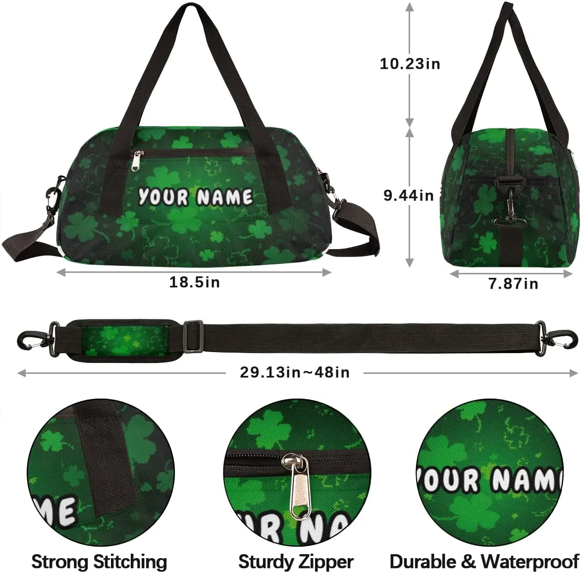 Lucky Clovers Personalized Kids Duffel Bag for Girls Boys, Clovers Debris Custom Name Dance Bag Overnight Small Duffel Bag Carry On Weekend Sports Travel Bag for School Practice Gymnastics Ballet