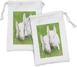Lunarable Cartoon Fabric Pouch Set of 2, 2 Young Piglet on Green Grass Pig Farm Animal Barn Husbandry Agriculture, Small Drawstring Bag for Toiletries Masks and Favors, 9" x 6", Pale Pink Green