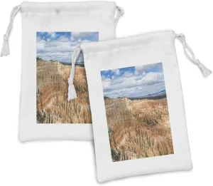 Lunarable Cliffs Fabric Pouch Set of 2, National Park Bryce Canyon Scenic Formation Plateau Mountains Peaceful, Small Drawstring Bag for Toiletries Masks and Favors, 9" x 6", Pale Caramel Pale Blue