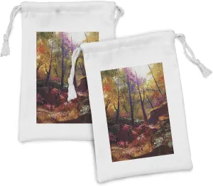 Lunarable Fantasy Fabric Pouch Set of 2, Upward View of Trees in Forest Mother Earth Beauty Spring Season Scenery Print, Small Drawstring Bag for Toiletries Masks and Favors, 9" x 6", Brown Green