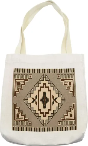 Lunarable Geometric Tote Bag, Prehistoric Culture Pattern Ornament Orient Tribal Elements, Cloth Linen Reusable Bag for Shopping Books Beach and More, 16.5" X 14", Cream