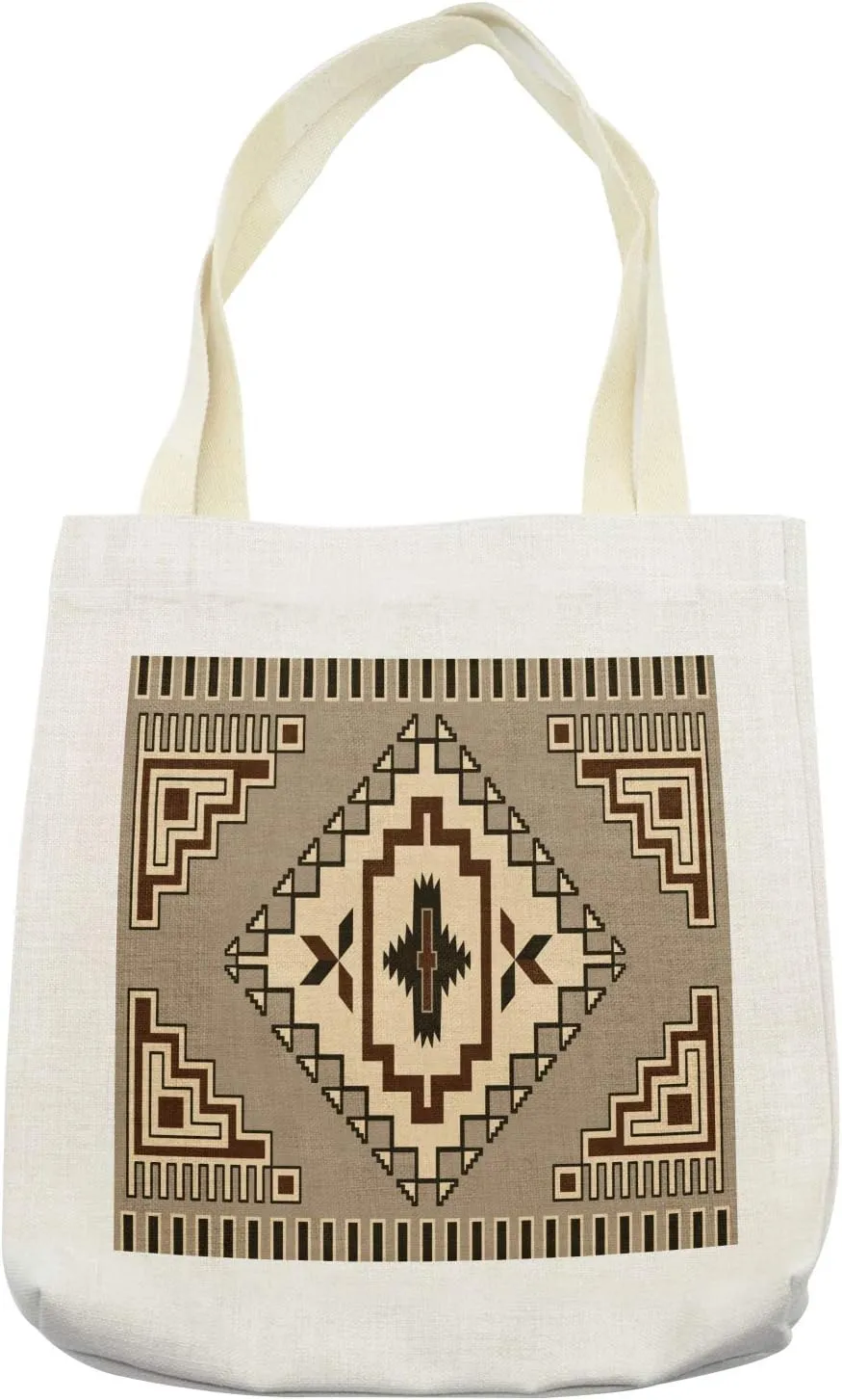 Lunarable Geometric Tote Bag, Prehistoric Culture Pattern Ornament Orient Tribal Elements, Cloth Linen Reusable Bag for Shopping Books Beach and More, 16.5" X 14", Cream