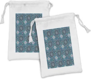 Lunarable Nautical Fabric Pouch Set of 2, Compass Design with Wind Rose Knotted Directions North South East West Marine, Small Drawstring Bag for Toiletries Masks and Favors, 9" x 6", Blue White