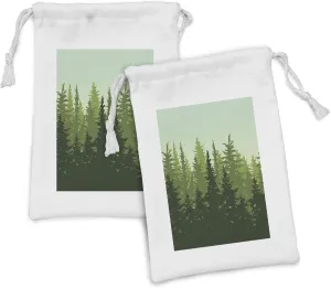 Lunarable Pine Tree Fabric Pouch Set of 2, Woods Concept Environment Ecology Protection of Nature, Small Drawstring Bag for Toiletries Masks and Favors, 9" x 6", Forest Green Apple Green