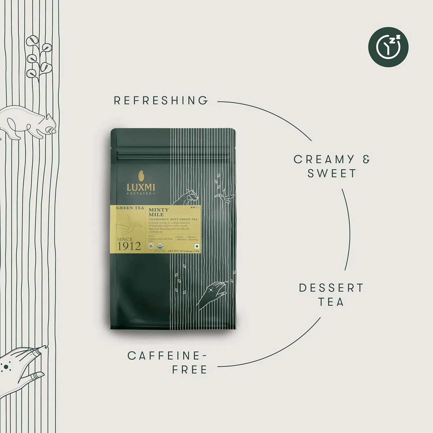 Luxmi Estates Minty Mile Chamomile Mint Green Tea 50 Tea Bags (100g) Pack | Certified Organic Green Tea | Low Caffeine Chamomile Tea | Mint Tea Bags Best for Night Time | 50 Cups Bulk Pack
