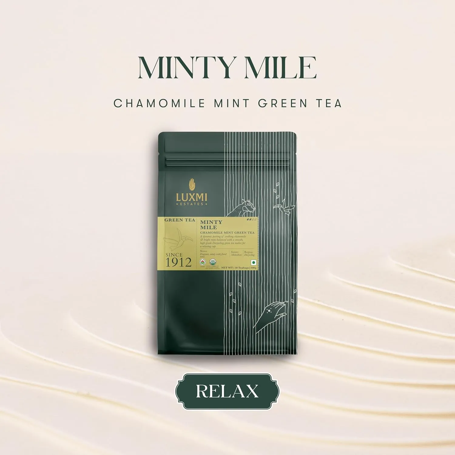 Luxmi Estates Minty Mile Chamomile Mint Green Tea 50 Tea Bags (100g) Pack | Certified Organic Green Tea | Low Caffeine Chamomile Tea | Mint Tea Bags Best for Night Time | 50 Cups Bulk Pack