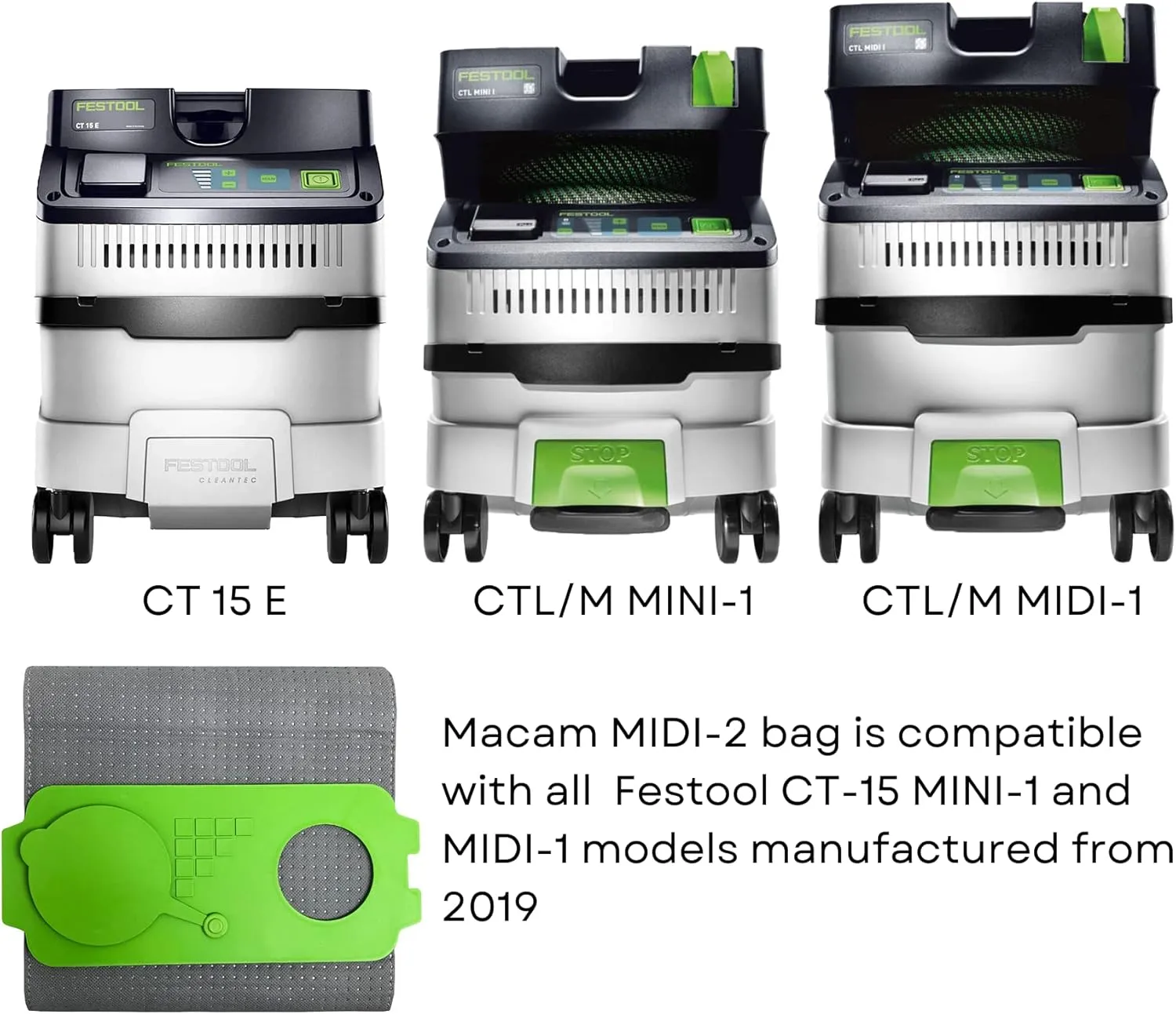 MACAM Reusable dust Bag compatible with Festool Midi, Festool CT 15 E and CT 25 HEPA dust extractors (MIDI NEW)
