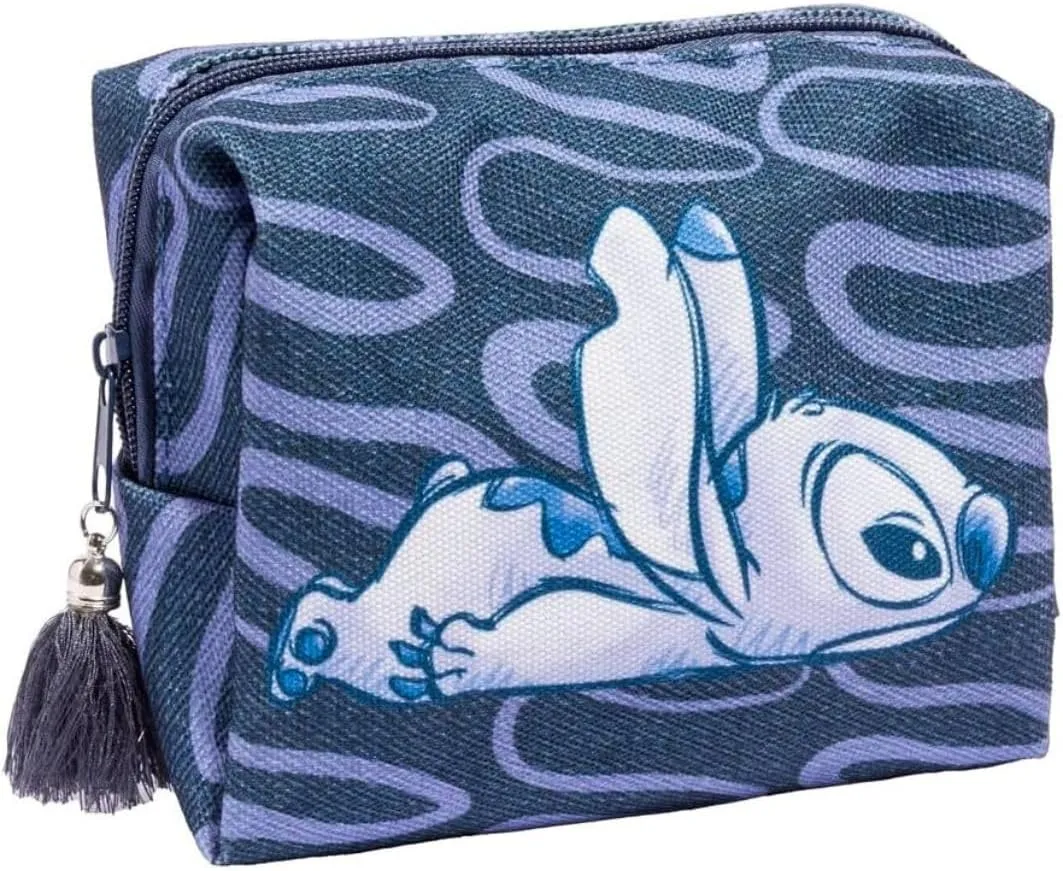 MAD Beauty Disney Stitch Denim Cosmetic Bag | Roomy Rectangular Design | Tassel Zipper | Cruelty-Free | Makeup Travel Organizer for Women, Adults, and Kids