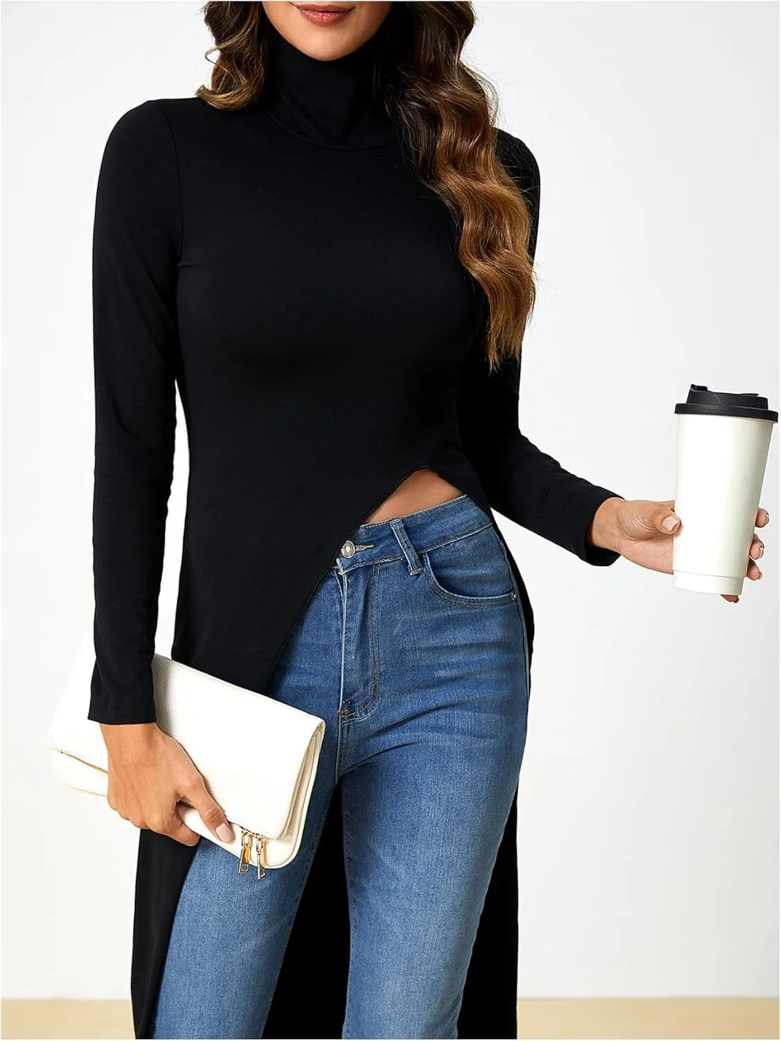 MakeMeChic Women's High Neck Long Sleeve T Shirt Asymmetrical High Low Hem Plain Tee Tops