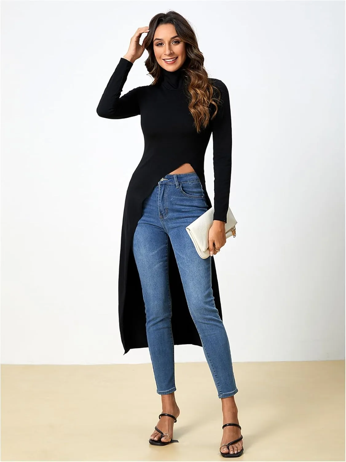 MakeMeChic Women's High Neck Long Sleeve T Shirt Asymmetrical High Low Hem Plain Tee Tops