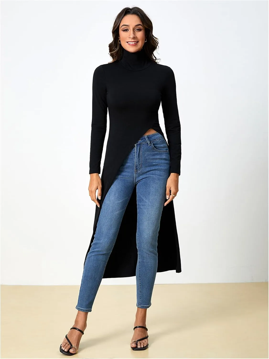 MakeMeChic Women's High Neck Long Sleeve T Shirt Asymmetrical High Low Hem Plain Tee Tops