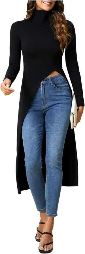 MakeMeChic Women's High Neck Long Sleeve T Shirt Asymmetrical High Low Hem Plain Tee Tops