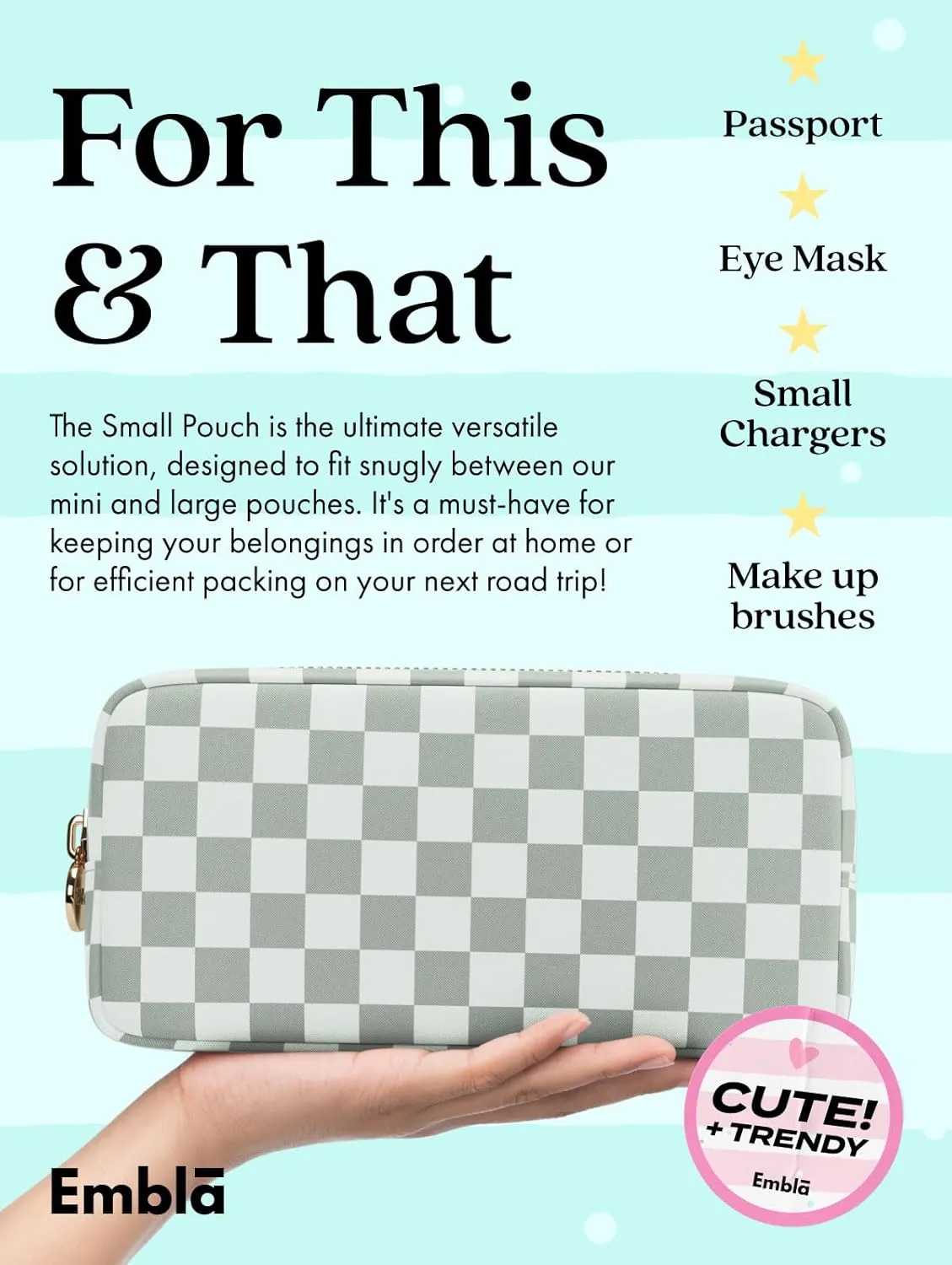 Makeup Bag Travel Cosmetics Pouch and Toiletry Bag, Nylon Zipper Pouch Purse, Cute Make Up Organizer Storage Tote for Women Girls,Travel Skincare Case, Small Makeup Case, Mint Green Checkered