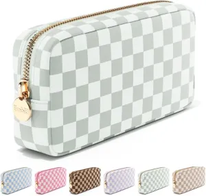 Makeup Bag Travel Cosmetics Pouch and Toiletry Bag, Nylon Zipper Pouch Purse, Cute Make Up Organizer Storage Tote for Women Girls,Travel Skincare Case, Small Makeup Case, Mint Green Checkered