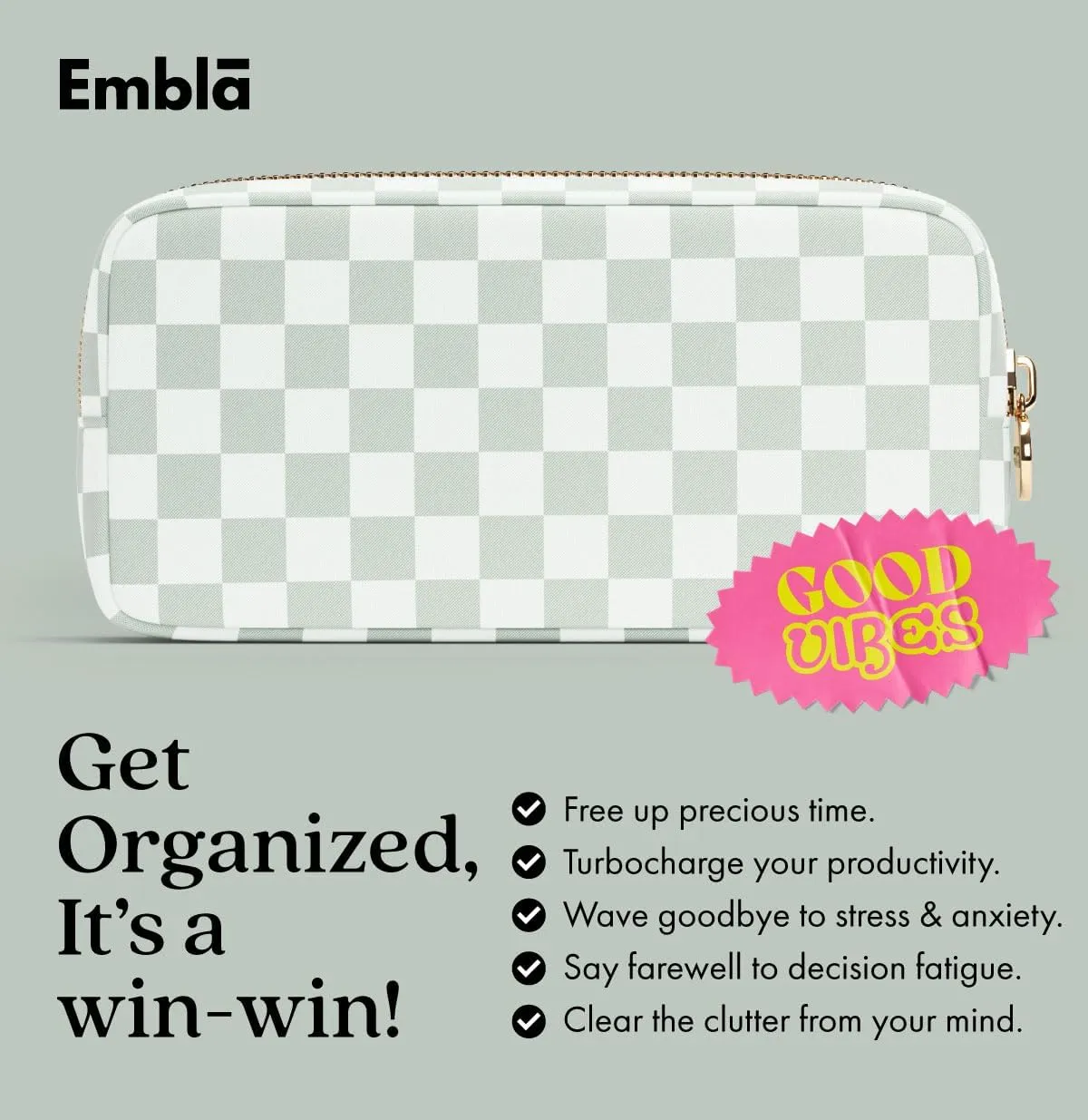 Makeup Bag Travel Cosmetics Pouch and Toiletry Bag, Nylon Zipper Pouch Purse, Cute Make Up Organizer Storage Tote for Women Girls,Travel Skincare Case, Small Makeup Case, Mint Green Checkered