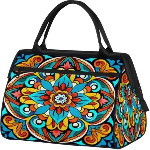 Mandala Maya Traditional Pattern Travel Duffle Bag, Waterproof Duffel Bag Weekender Overnight Carry On Bag Lightweight Sport Gym Bag for Men Women