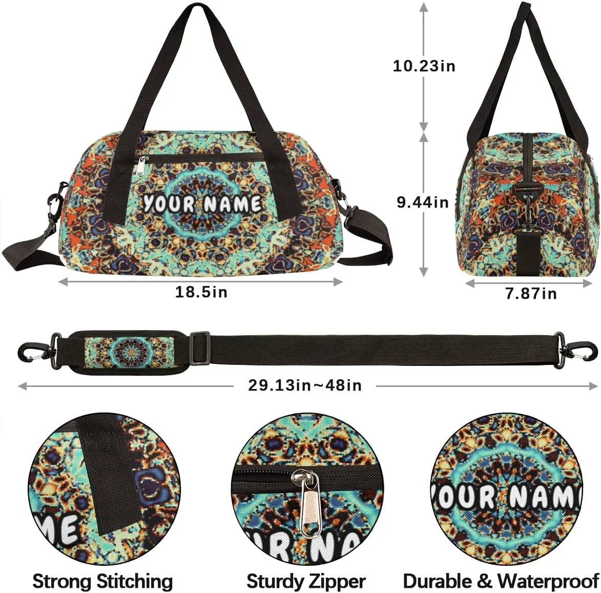 Mandala Personalized Kids Duffel Bag for Girls Boys, Mandala Debris Custom Name Dance Bag Overnight Small Duffel Bag Carry On Weekend Sports Travel Bag for School Practice Gymnastics Ballet